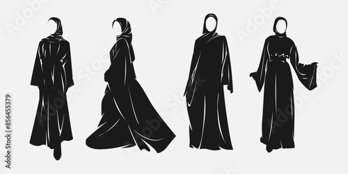 Set silhouettes of muslim woman wearing islamic clothes style. hijab, abaya. Vector illustration.