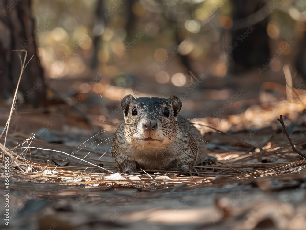 Fototapeta premium A Ground Dwelling Rodent Surrounded by Autumn Leaves in Forest Setting with Warm Light and Shallow Depth of Field Enhancing the Focus on the Animal