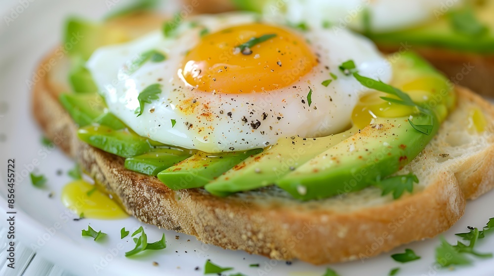 Healthy Avocado Toast with Poached Egg Yolk Slightly Runny Close-up Shot for Breakfast on a white plate Healthy Avocado Toast with Poached Egg Yolk Slightly Runny Close-up Shot for Breakfast on a white plate