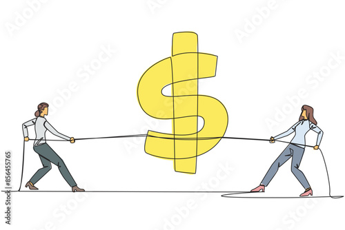 Single continuous line drawing two businesswomen fighting over dollar symbol. Balancing expenditure with income. Mutual attraction of income. Don't want to give up. One line design vector illustration