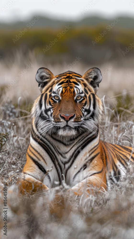 Obraz premium Majestic Tiger in Natural Habitat A Striking Portrait of the Majestic Predator Capturing the Beauty and Strength of the Wild Tiger in its Natural Habitat Amidst the Grassy Plains