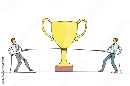 Single continuous line drawing two businessmen fighting for a trophy. Strive to be a winner. Always get satisfactory business results. A very appreciated business. One line design vector illustration