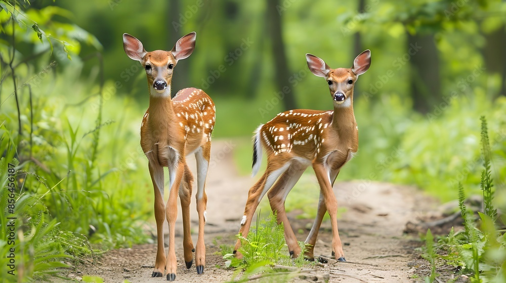 Obraz premium White tailed deer fawn witj hind on natural trail in north Wisconsin.