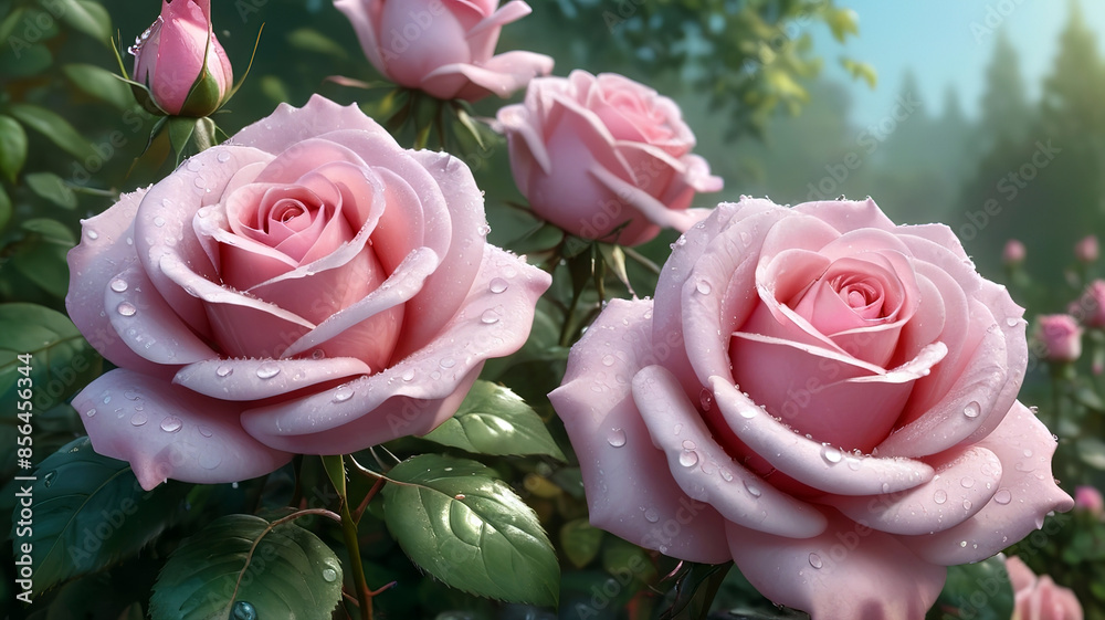 Beautiful pink roses with water drops on petals, generative Ai