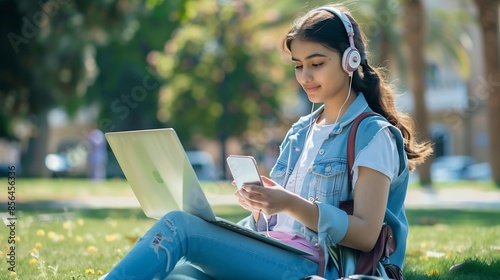 Energetic Young Lady Studying Outdoors Holding Gadgets Assured woman student with laptop headphones and phone posing at campus symbolizing ease and confidence in her educational journe : Generative AI photo