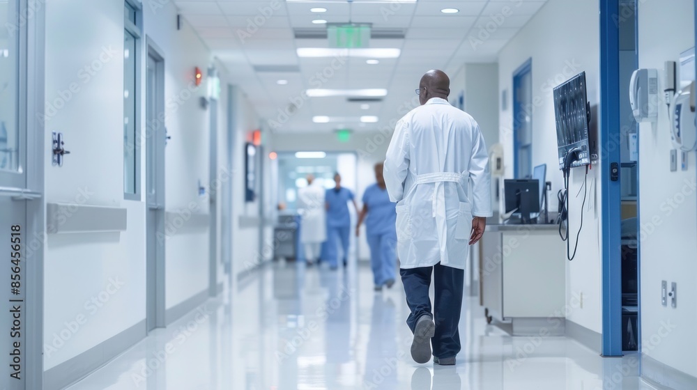 A group of doctors walk down a hallway in a hospital. The hallway is clean and bright, with a few monitors and a TV mounted on the wall. The doctors are wearing white coats and seem to be in a hurry A group of doctors walk down a hallway in a hospital. The hallway is clean and bright, with a few monitors and a TV mounted on the wall. The doctors are wearing white coats and seem to be in a hurry