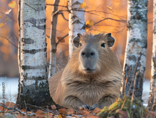 Capybara Relaxing in Autumn Forest with Colorful Foliage and Aspen Trees, Capturing the Beauty of Nature and Wildlife in Tranquil Woodland Setting photo
