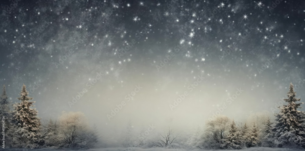christmas background with snow - covered trees and a gray sky
