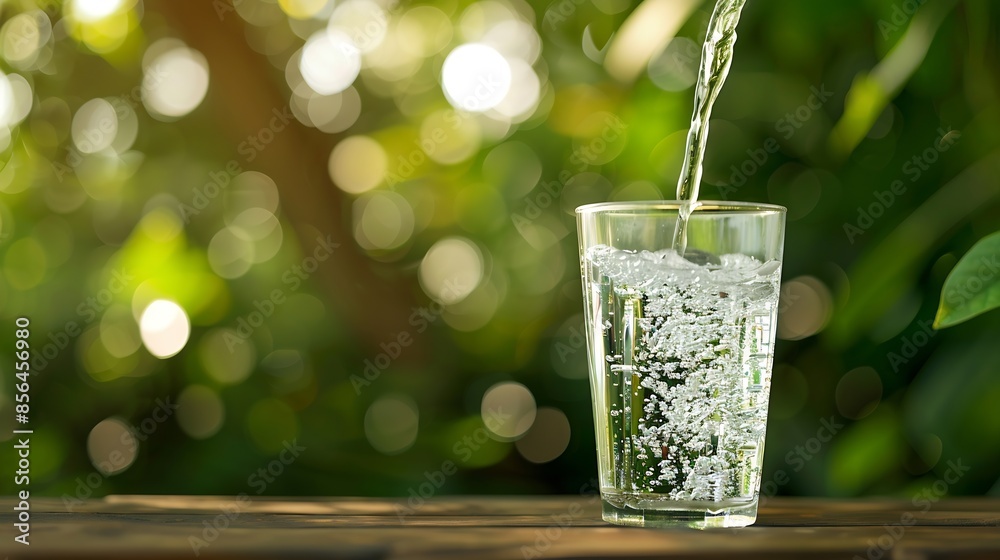Pouring drinking water into glass on wooden table on blurred green nature bokeh background : Generative AI Pouring drinking water into glass on wooden table on blurred green nature bokeh background : Generative AI