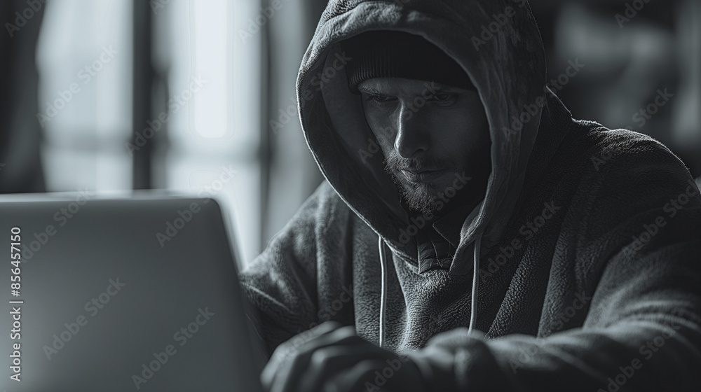 A man wearing a hoodie is sitting in front of a laptop. He is looking at the screen with a serious expression. Concept of focus and concentration as the man works on his laptop A man wearing a hoodie is sitting in front of a laptop. He is looking at the screen with a serious expression. Concept of focus and concentration as the man works on his laptop