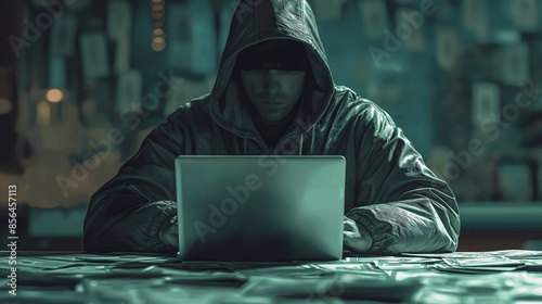 A man is sitting at a desk with a laptop in front of him. He is wearing a hoodie and a black hat. The room is dimly lit, and there are stacks of money on the desk