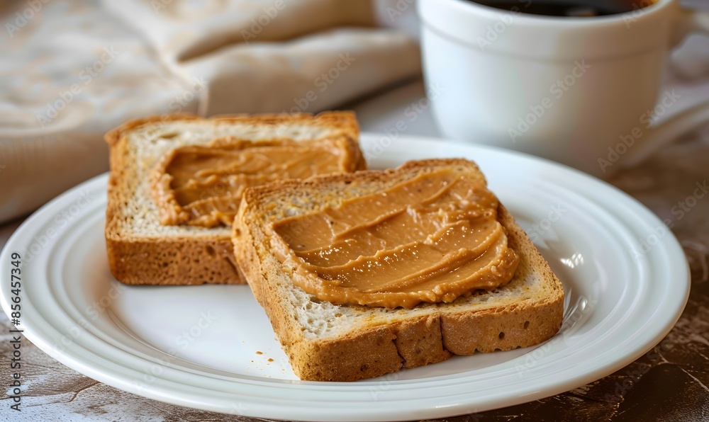 Peanut butter spread on toast in a plate served with coffee, Generative AI Peanut butter spread on toast in a plate served with coffee, Generative AI