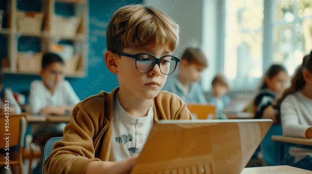 Computer classroom in elementary school Schoolboy working on laptop computer Schoolchildren getting modern technology education : Generative AI Computer classroom in elementary school Schoolboy working on laptop computer Schoolchildren getting modern technology education : Generative AI