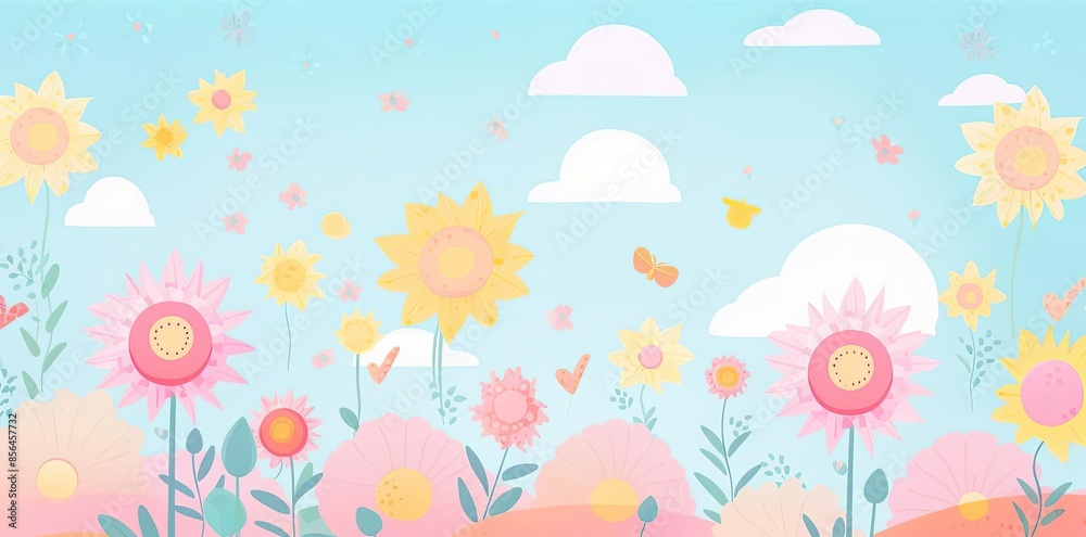 cute summer backgrounds featuring a variety of colorful flowers, including pink, yellow, and orange blooms, set against a blue sky with white clouds cute summer backgrounds featuring a variety of colorful flowers, including pink, yellow, and orange blooms, set against a blue sky with white clouds