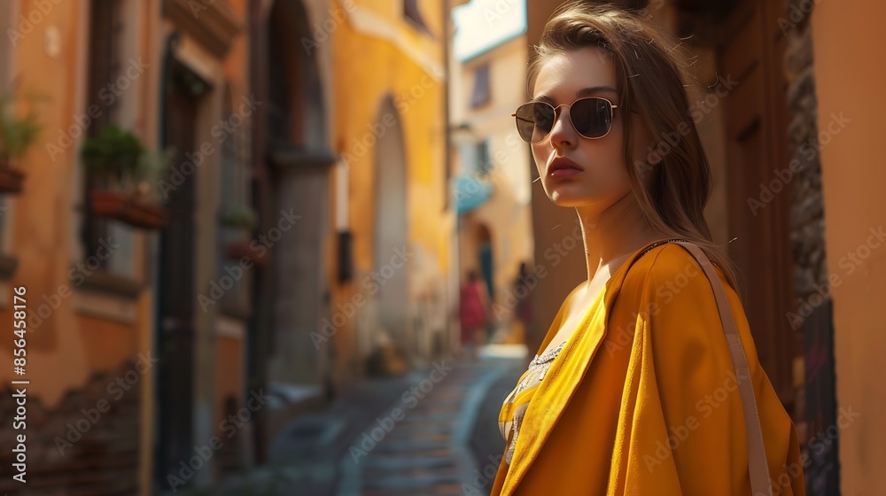 Fashionably woman on the streets of a small Italian town : Generative AI Fashionably woman on the streets of a small Italian town : Generative AI
