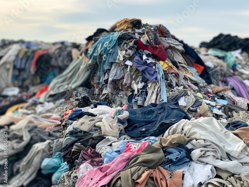 Pile of discarded clothing in landfill highlighting issues of fast fashion and sustainability. Concept Sustainability, Clothing Waste, - ai