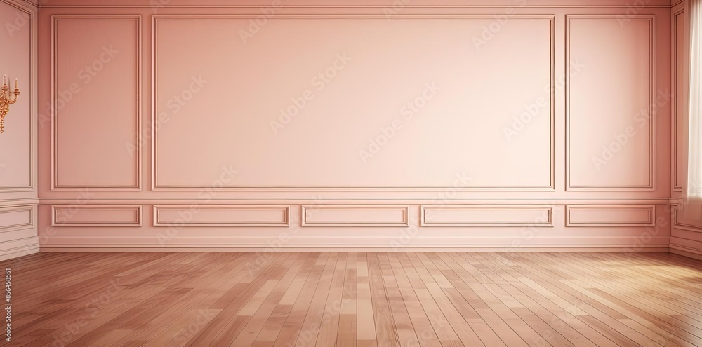 empty room background with pink and white walls, wood floor, and a golden chandelier empty room background with pink and white walls, wood floor, and a golden chandelier