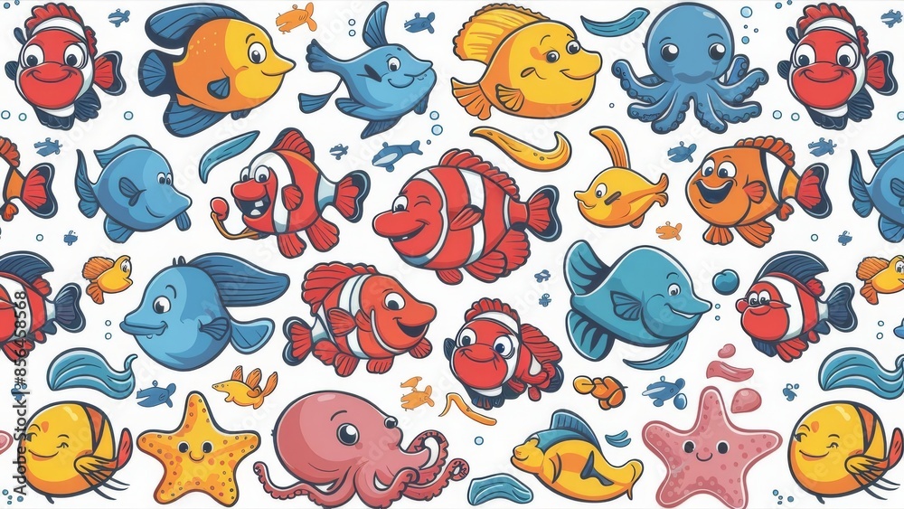 an illustration set of sea and ocean animals in vector cartoon style, showcasing adorable and vibrant underwater creatures, all isolated on a white background an illustration set of sea and ocean animals in vector cartoon style, showcasing adorable and vibrant underwater creatures, all isolated on a white background