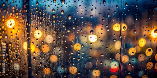 Raindrops On Window With Blurred City Lights In Background