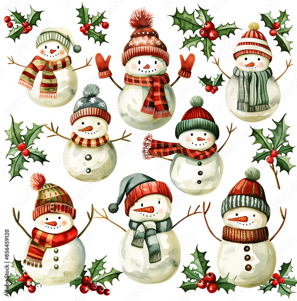 watercolor clipart of snowmen with different hats and scarves, surrounded by holly leaves and berries on a white background watercolor clipart of snowmen with different hats and scarves, surrounded by holly leaves and berries on a white background