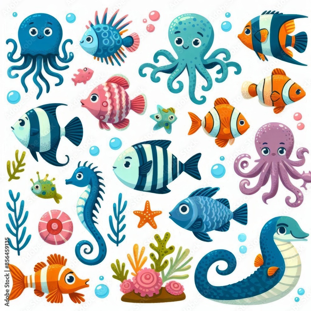 an illustration set of sea and ocean animals in vector cartoon style, showcasing adorable and vibrant underwater creatures, all isolated on a white background an illustration set of sea and ocean animals in vector cartoon style, showcasing adorable and vibrant underwater creatures, all isolated on a white background