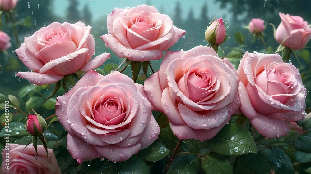 Beautiful pink roses with water drops on petals, generative Ai