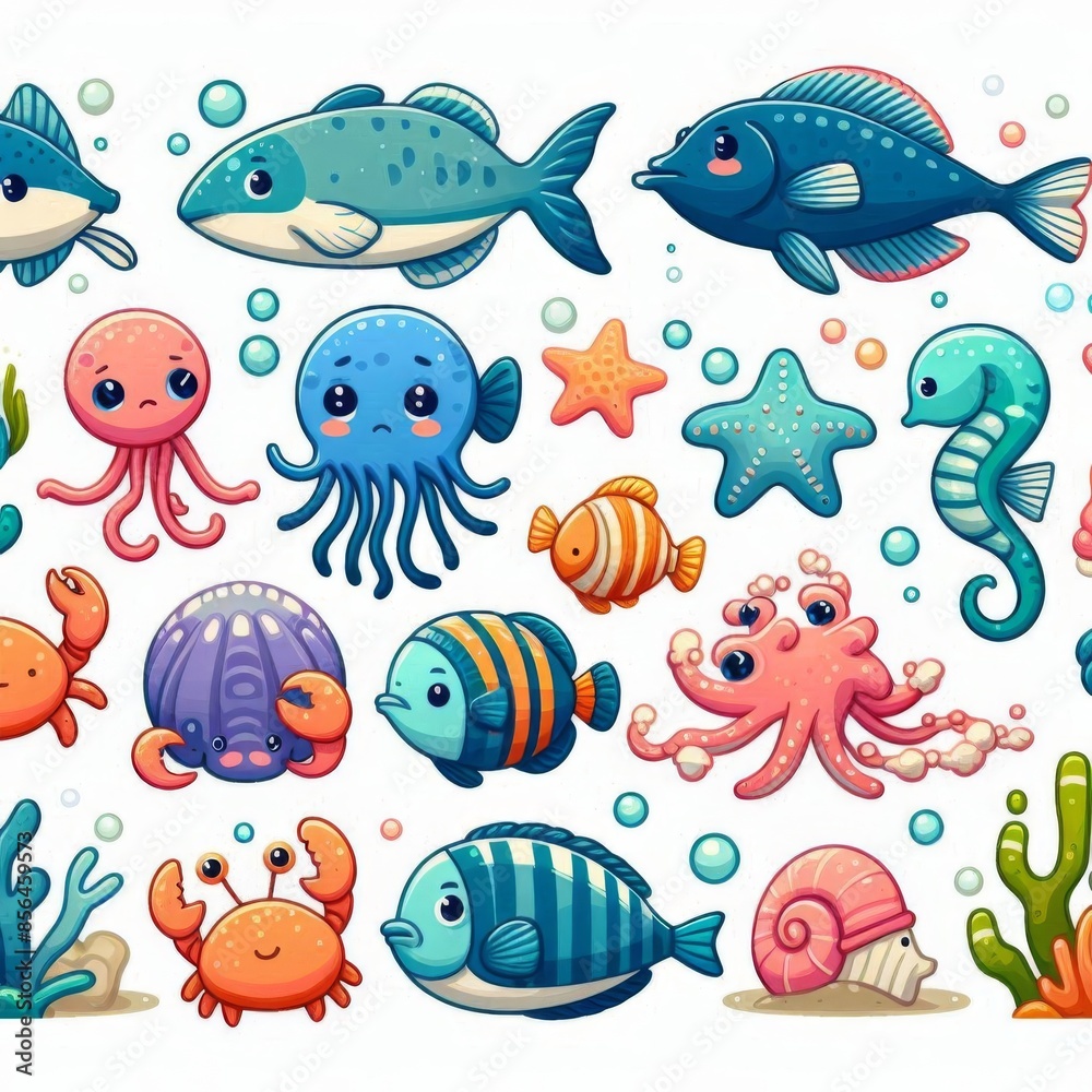 an illustration set of sea and ocean animals in vector cartoon style, showcasing adorable and vibrant underwater creatures, all isolated on a white background an illustration set of sea and ocean animals in vector cartoon style, showcasing adorable and vibrant underwater creatures, all isolated on a white background