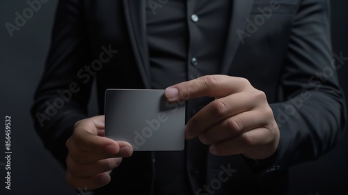 Businessman holding credit card Hand holding blank credit card mockup Creditcard mock up template holding arm Plastic bankcard Business branding on black : Generative AI