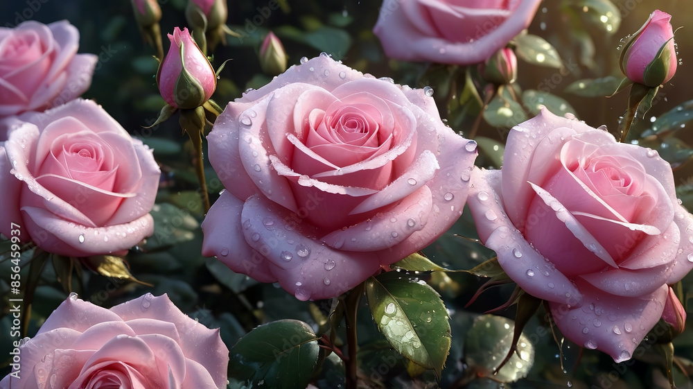 Beautiful pink roses with water drops on petals, generative Ai