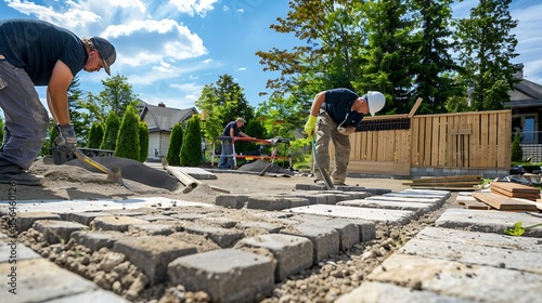 Landscaping company workers working on  residential construction site and laying paving stones for quality interlock home renovation landscape project : Generative AI photo