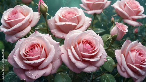 Obraz na płótnie Beautiful pink roses with water drops on petals, generative Ai w salonie