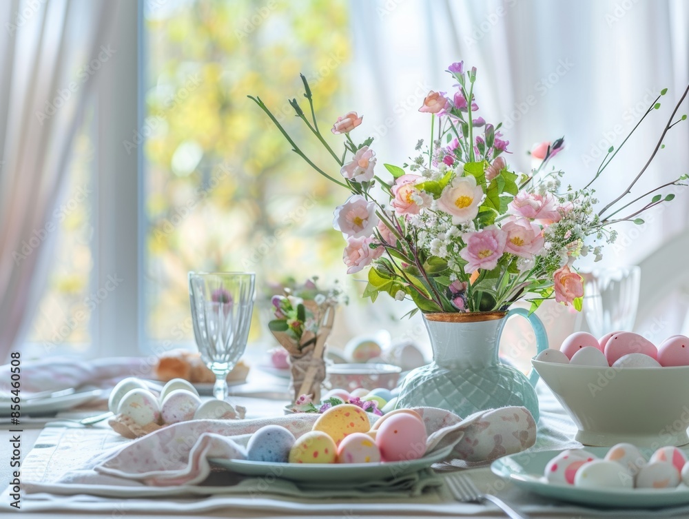 easter table setting with spring bouquet and easter eggs, easter morning - ai easter table setting with spring bouquet and easter eggs, easter morning - ai
