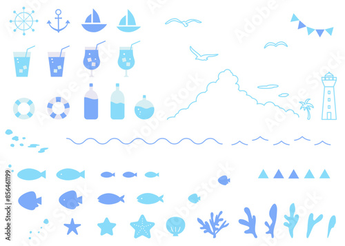 マリンモチーフのアイコンイラストセット　夏　海