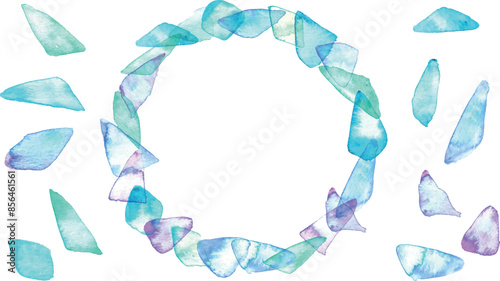 水彩タッチのシーグラスベクターイラスト。夏のシーグラスイラスト。涼しげな夏のフレーム背景。Sea glass vector illustration with watercolor touch. Summer sea glass illustration. Cool summer frame background.