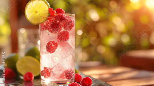 A vibrant raspberry lime rickey, served in a glass topped with sparkling water and garnished with fresh raspberries and a lime wheel photo