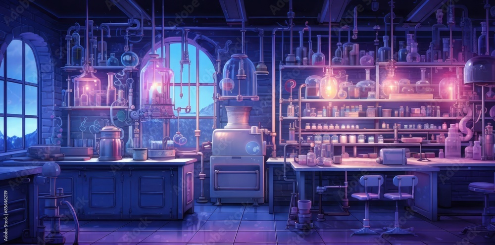 lab background featuring a white countertop, tiled floor, and arched window, with a metal stool in the foreground lab background featuring a white countertop, tiled floor, and arched window, with a metal stool in the foreground