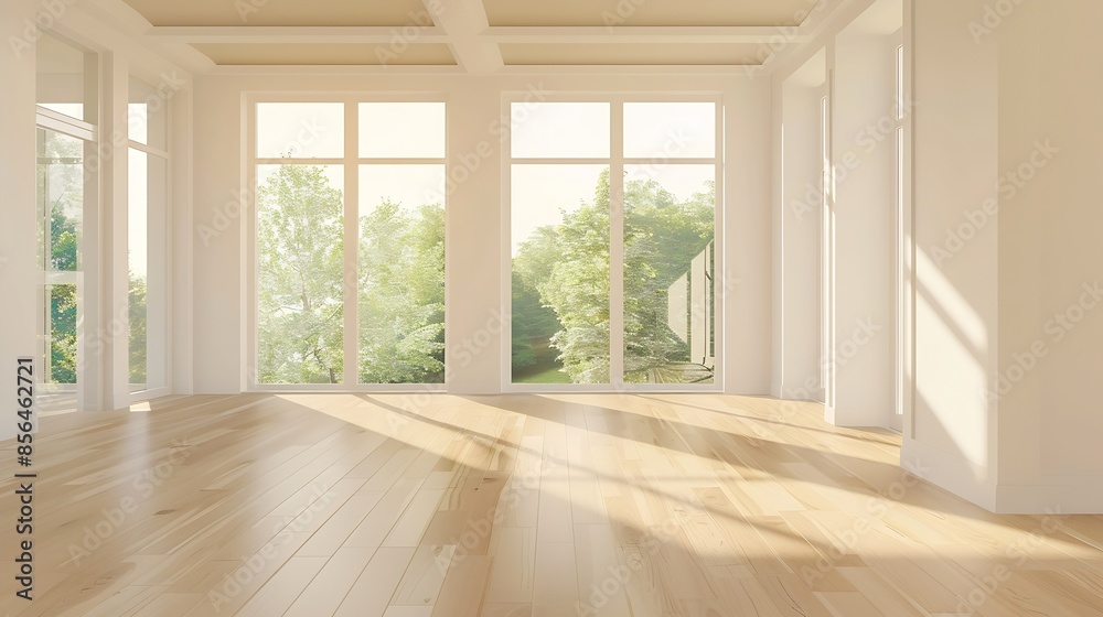 Fototapeta premium Minimalist Empty Room with Blond Hardwood Floors for Design and Layout Inspiration Family Room Den Finished Basement Living Room Garden Apartment Empty for Virtual Staging : Generative AI
