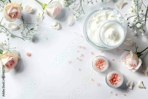 Styled beauty composition. Skin cream, shampoo bottle, dry flowers, rose and Himalayan salt. White table background. Organic cosmetics, spa concept. Empty space, flat lay, top view, web banner. photo
