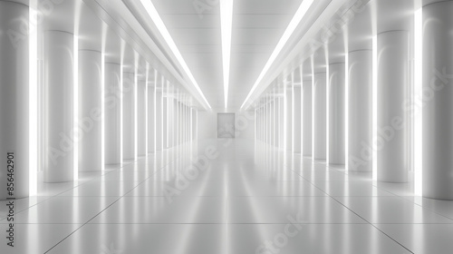 
White background 3D room light abstract space technology tunnel stage floor. Empty white future 3D neon background studio futuristic corridor render modern interior silver road black wall design gray