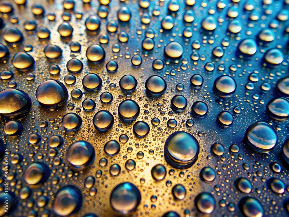 Water Droplets On A Shiny Surface With A Golden Hue. Water Droplets On A Shiny Surface With A Golden Hue.