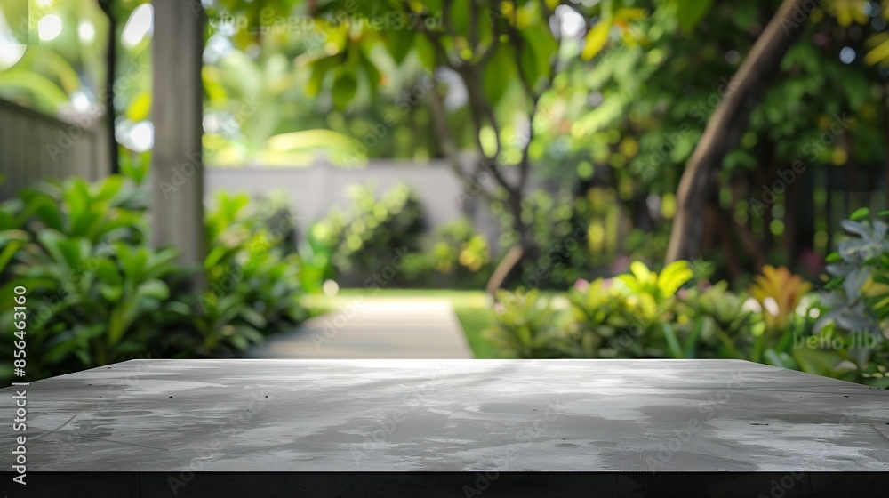 abstract blurred garden view form living room window with concrete table counter background for show promote design banner ads on display concept : Generative AI abstract blurred garden view form living room window with concrete table counter background for show promote design banner ads on display concept : Generative AI