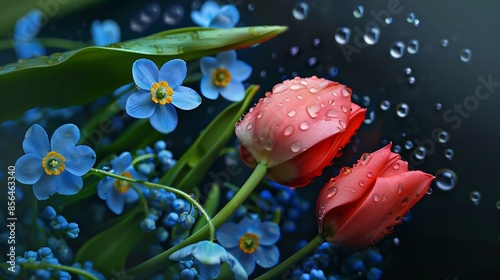 Forgetmenot and tulip flowers with rtha rain water drops in spring : Generative AI photo