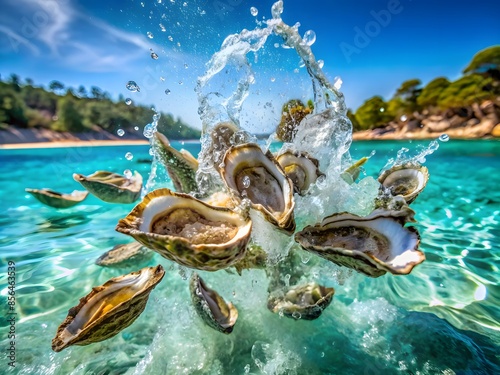Fresh Oysters In The Sea Water With A Splash. photo