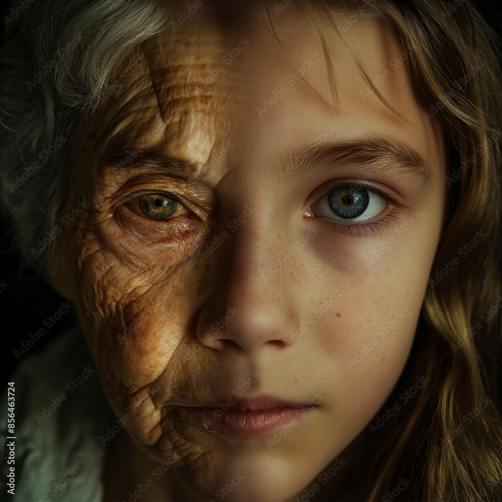 Conceptual Portrait Depicting Aging and Youth in a Single Face Conceptual Portrait Depicting Aging and Youth in a Single Face