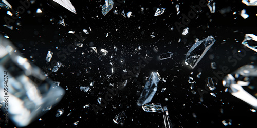 Dynamic glass texture featuring shattered pieces with bits and shards exploding in the air. Black backdrop contrasting with the fragments of broken glass pieces. Blur and bokeh motion effect. photo