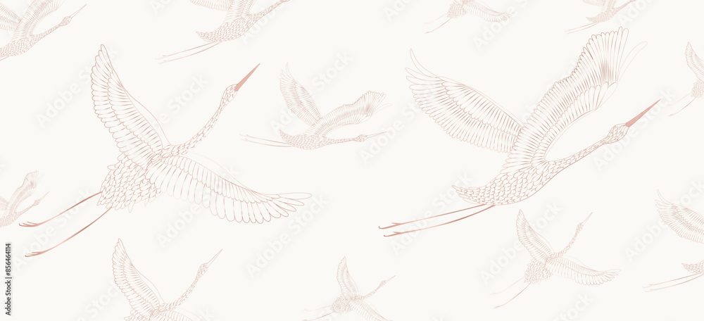 Art background with crane birds pattern in pink art line style. Vector banner in Japanese style for decor, print, wallpaper, packaging, cover, interior design, textile. Art background with crane birds pattern in pink art line style. Vector banner in Japanese style for decor, print, wallpaper, packaging, cover, interior design, textile.