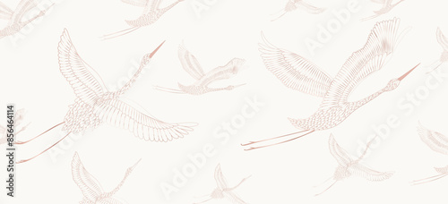 Art background with crane birds pattern in pink art line style. Vector banner in Japanese style for decor, print, wallpaper, packaging, cover, interior design, textile.