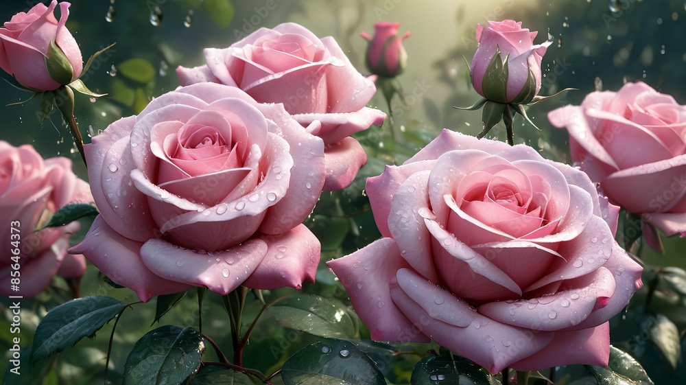 Beautiful pink roses with water drops on petals, generative Ai