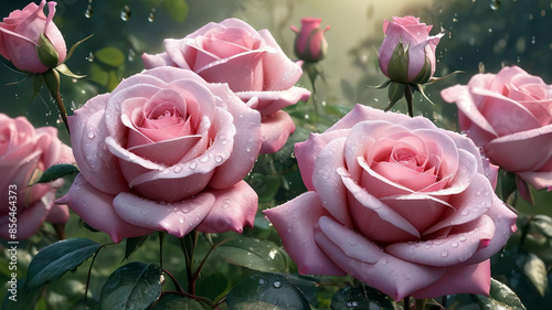Obraz na płótnie Beautiful pink roses with water drops on petals, generative Ai w salonie