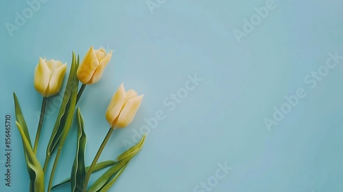Greeting card mockup with yellow tulip flowers on blue : Generative AI #856465710